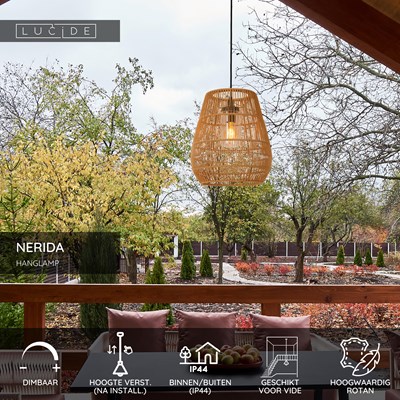 Lucide NERIDA - Hanglamp Binnen/Buiten - Ø 35 cm - 1xE27 - IP44 - Geschikt voor vide en hoge plafonds - Naturel